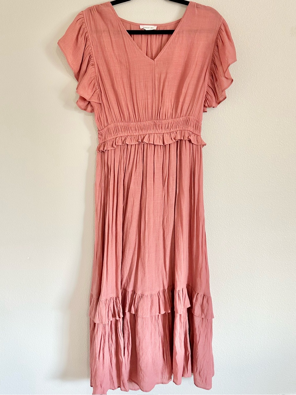 August Sky Dusty Rose Ruffle Sleeve Midi Dress Women’s Medium